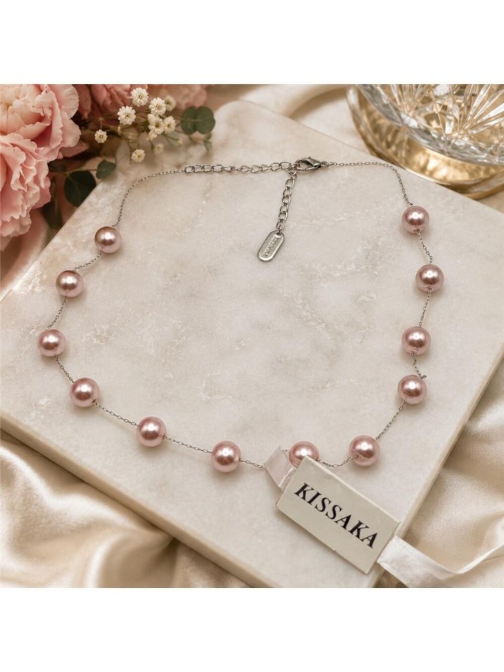 KISSAKA Pink Faux Pearl Station Necklace 20 In Adjustable Silver Tone NWT
